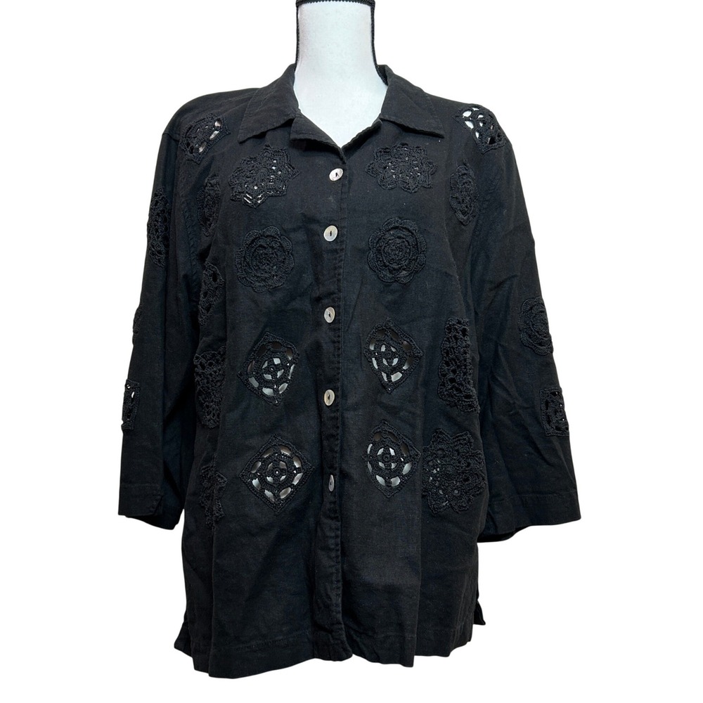 Stonebridge Button Down Shirt Womens L Black Linen Blend Crochet Lace Cutouts